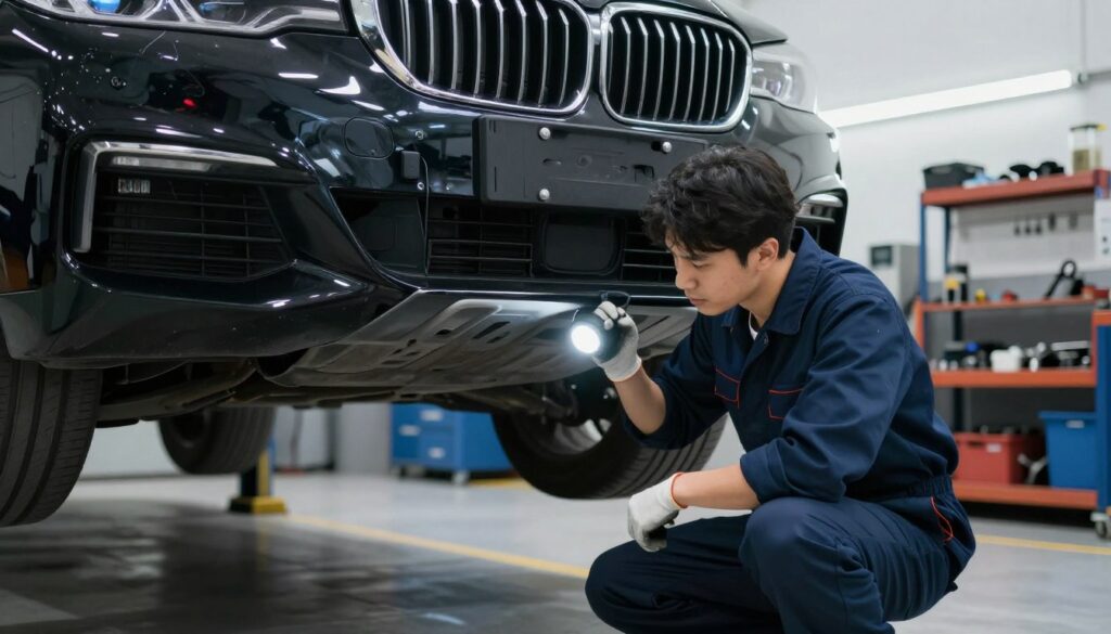 A professional technician performing a detailed inspection on a BMW vehicle A professional technician performing a detailed inspection on a BMW vehicle